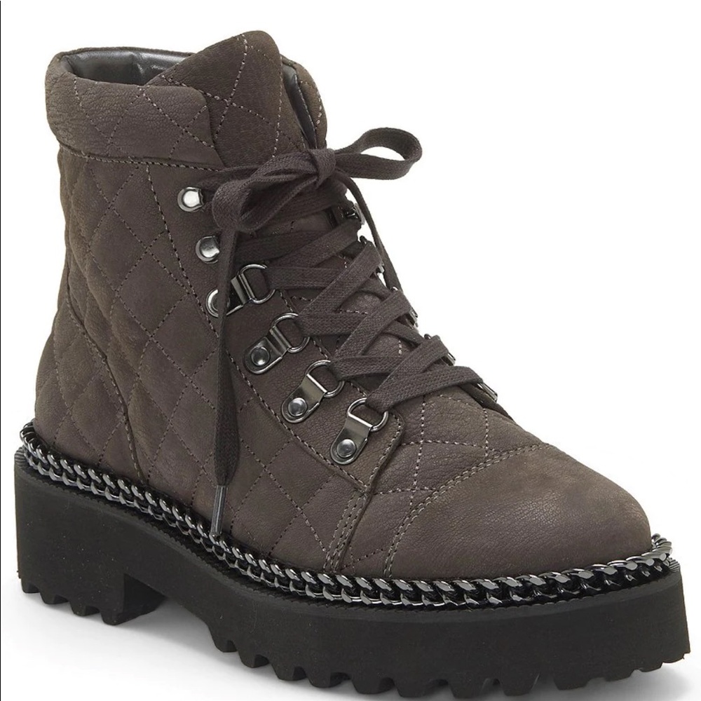New Vince camuto Maissa Quilted Leather Lug Sole Hiker Boots grey leather